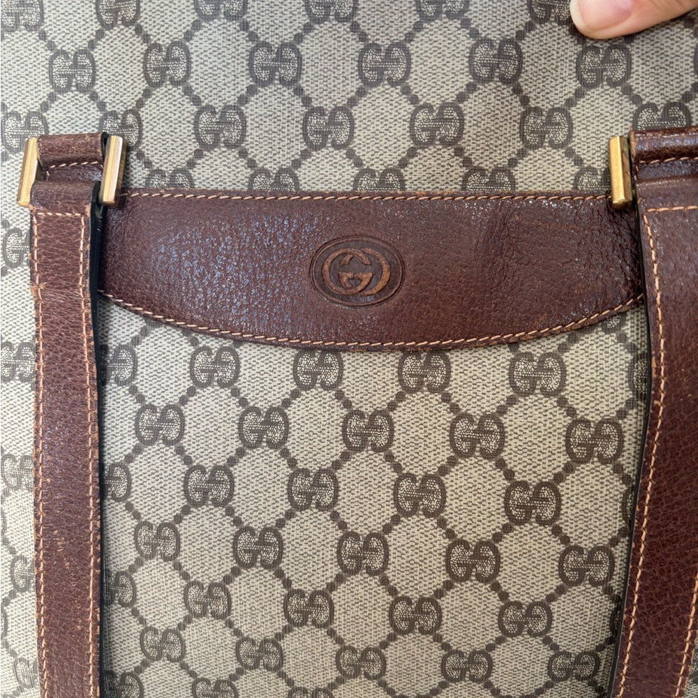 Gucci Vintage GG Supreme Monogram Canvas Shoulder Tote Brown Leather Trim Italy - Picture 3 of 10